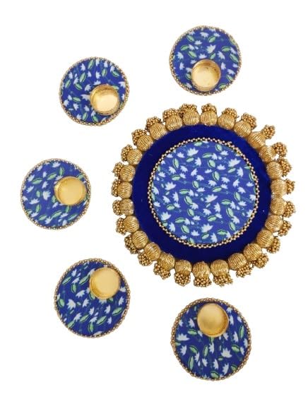 Blue Pichwai Mat with Tea Light Holder Home Decor Set for Floor/Table Decor/Home Decor